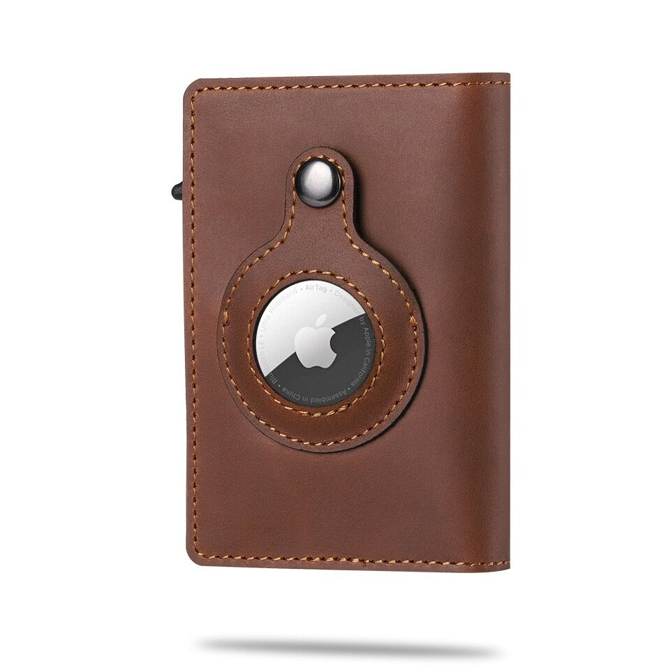 portefeuille connecte airtag coloris marron fonce avec traceur apple visible