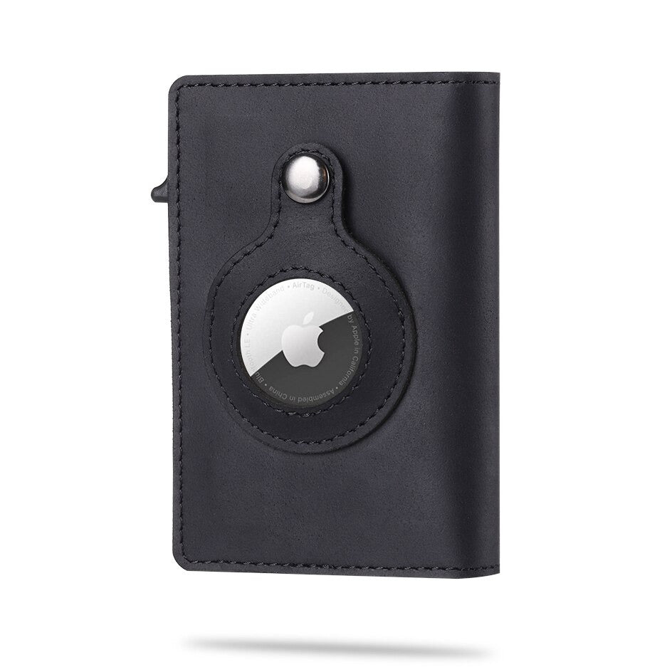 portefeuille airtag noir avec emplacement traceur apple visible en facade
