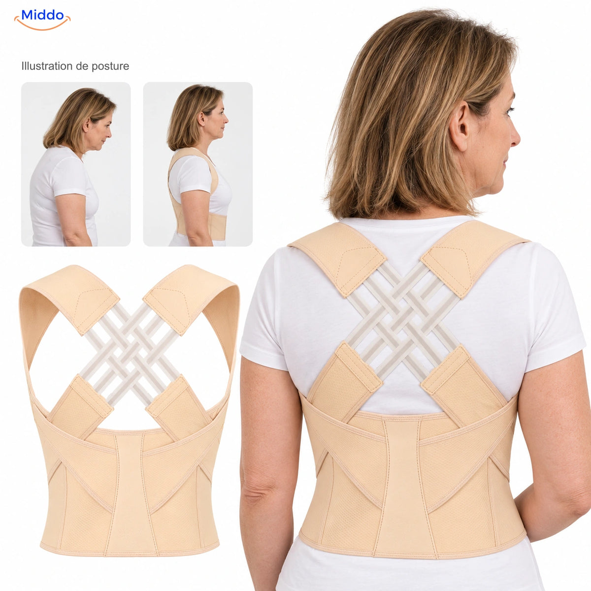 Beige — Postura soutien dorsal avec modèle de 50 ans et illustration de posture