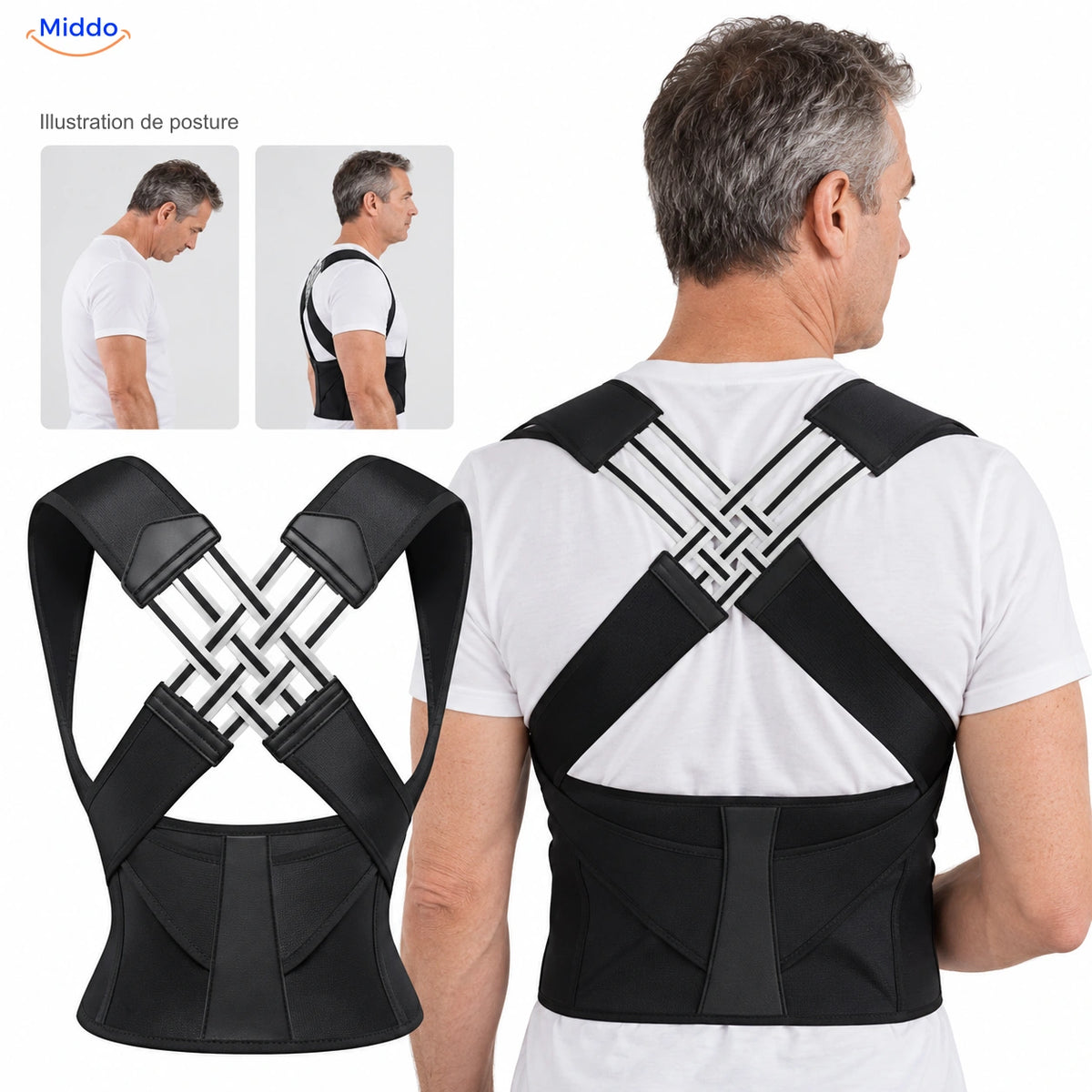 Noir — Postura soutien dorsal avec modèle de 50 ans et illustration de posture