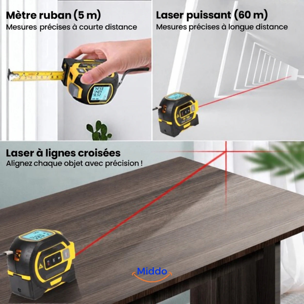Mètre laser ProMeasure 60 m avec mètre ruban 5 m et laser à lignes croisées