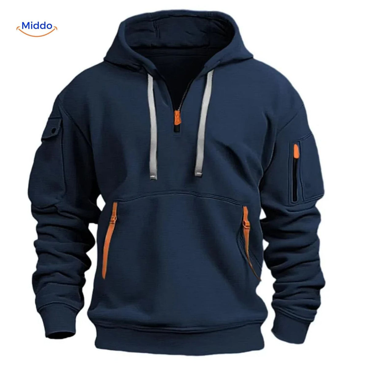 pull à capuche bleu foncé avec zippers orange, coupe confortable et style moderne