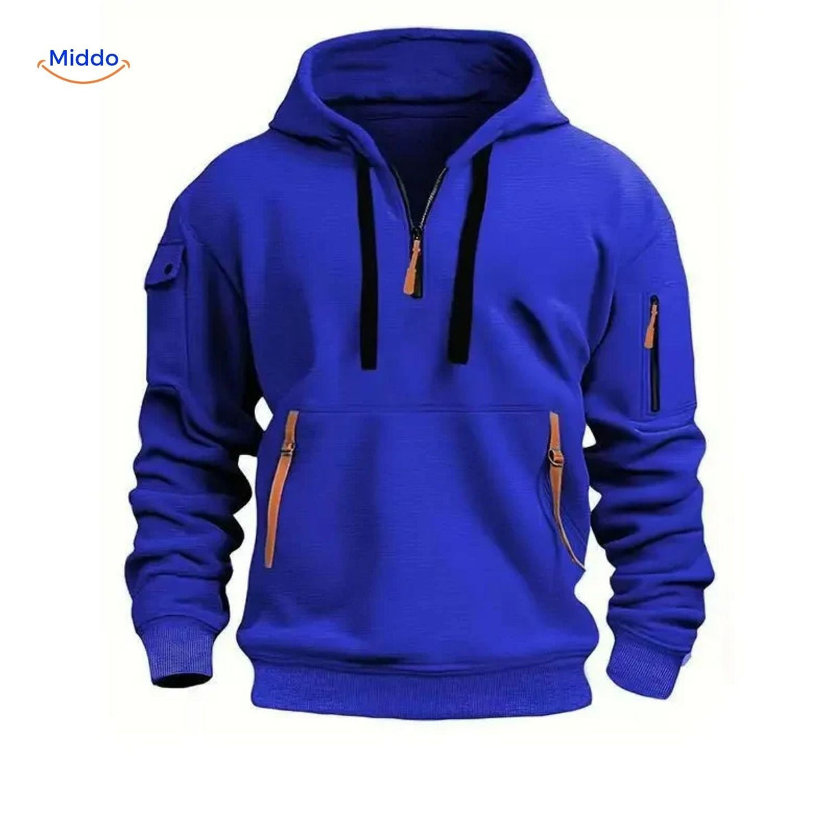 pull à capuche bleu avec zippers orange, coloris vif et matière douce et durable