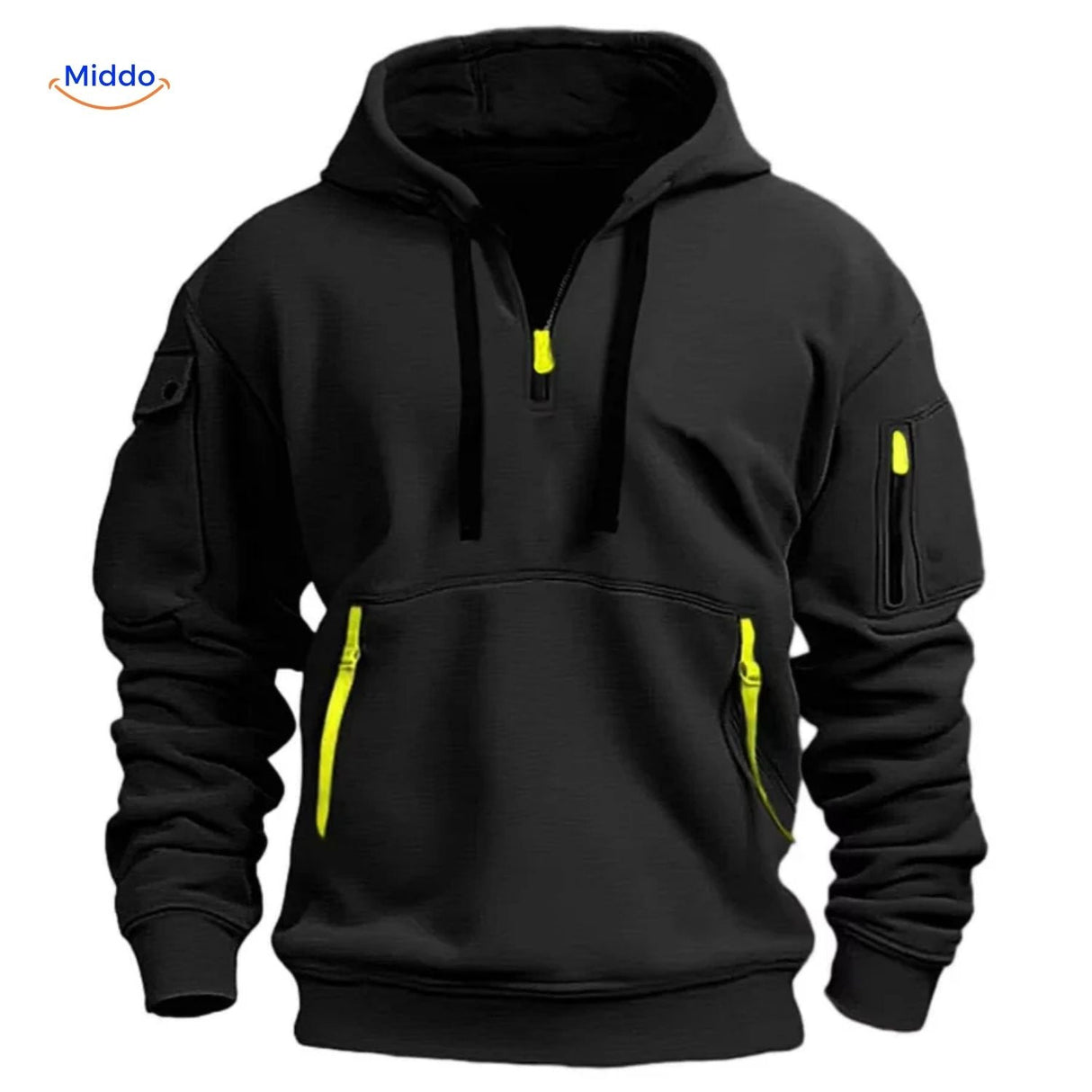 pull à capuche noir avec zippers jaunes, look urbain et pratique au quotidien