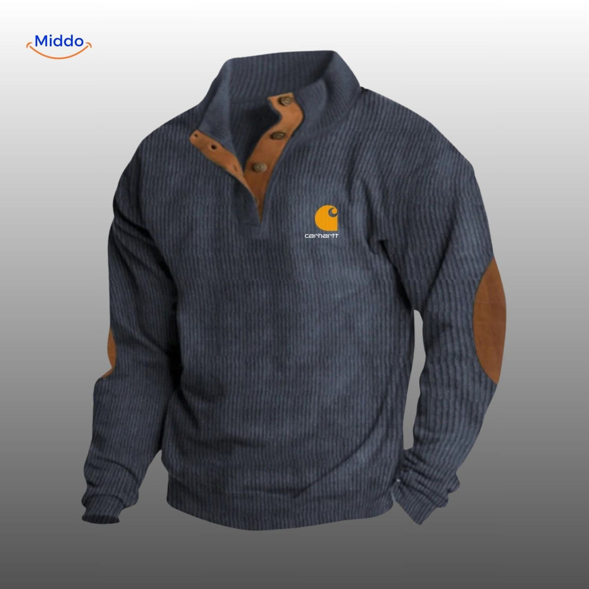 pull en velours côtelé bleu marine avec accents marron, coupe décontractée et élégante