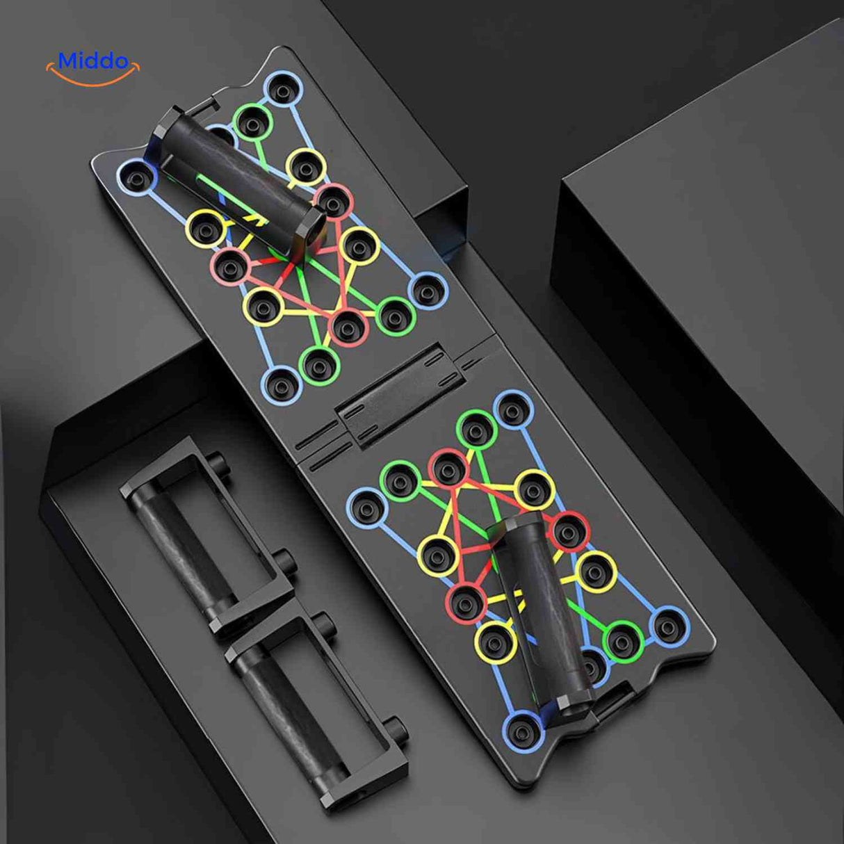 push-up board multifonctionnel en coloris noir, vue d'ensemble du plateau