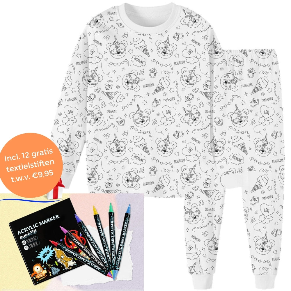 pyjama à colorier motif licorne et glaces présenté avec les 12 feutres textiles inclus