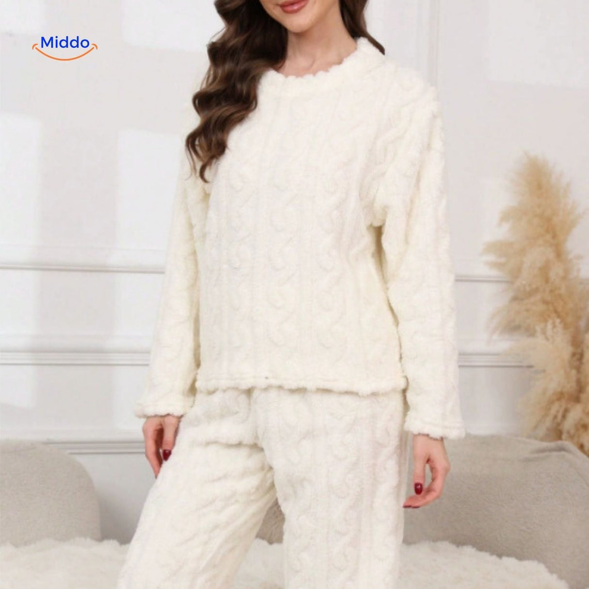 ensemble pyjama polaire blanc doux, tenue d'intérieur confortable pour l'hiver
