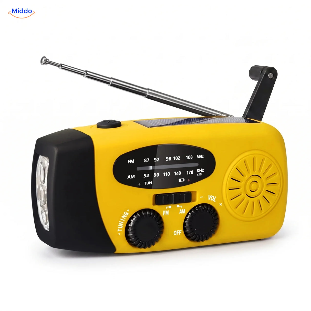 Radio d’urgence jaune, manivelle dépliée, panneau solaire et lampe