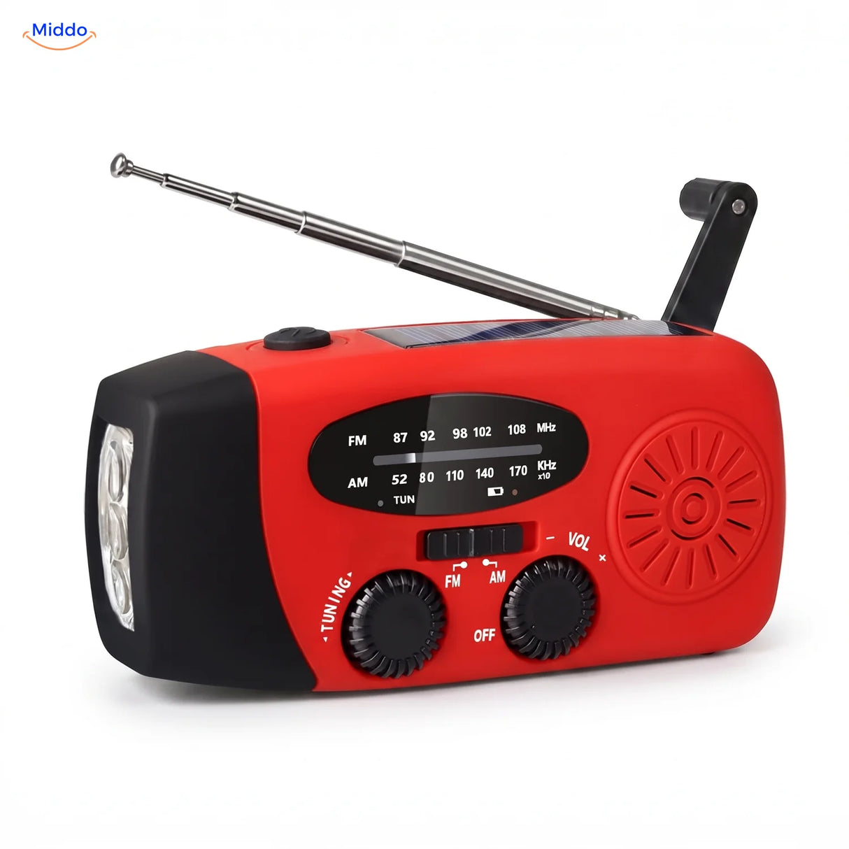 Radio d’urgence rouge, manivelle dépliée, panneau solaire et lampe