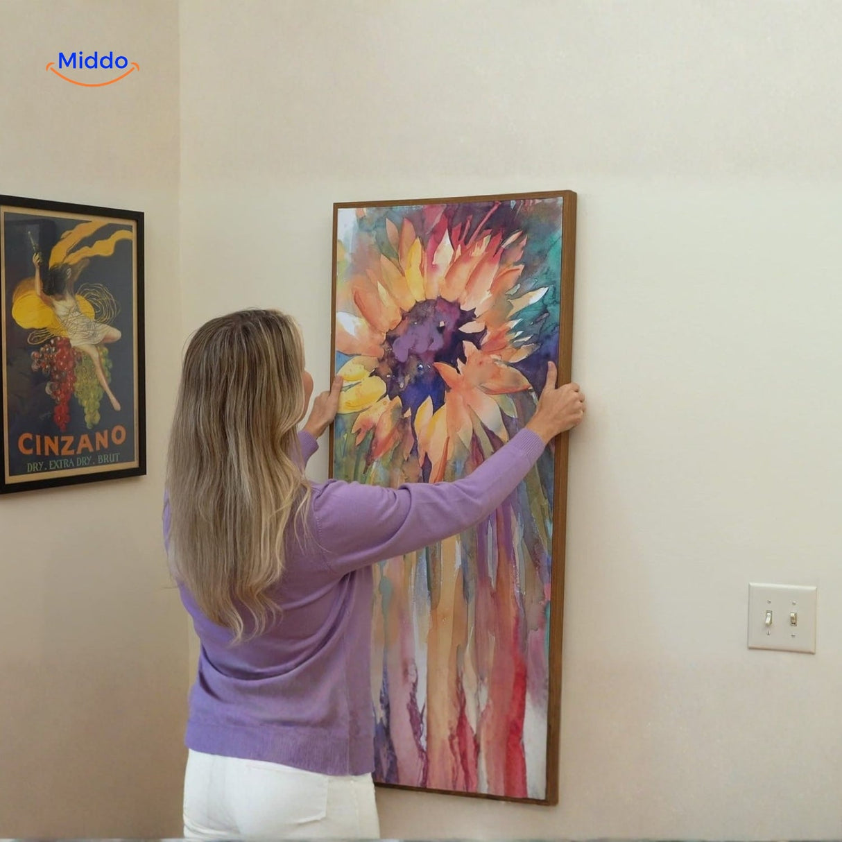 règle à niveau en situation pour accrocher facilement un tableau droit au mur
