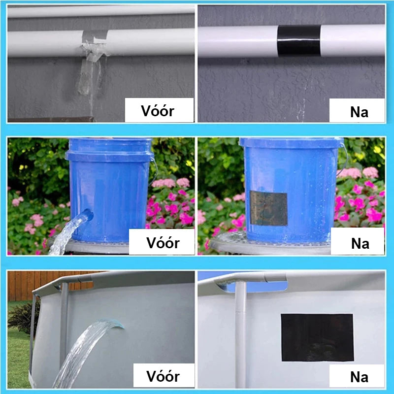 comparaison avant/après de plusieurs objets réparés avec le ruban étanche universel