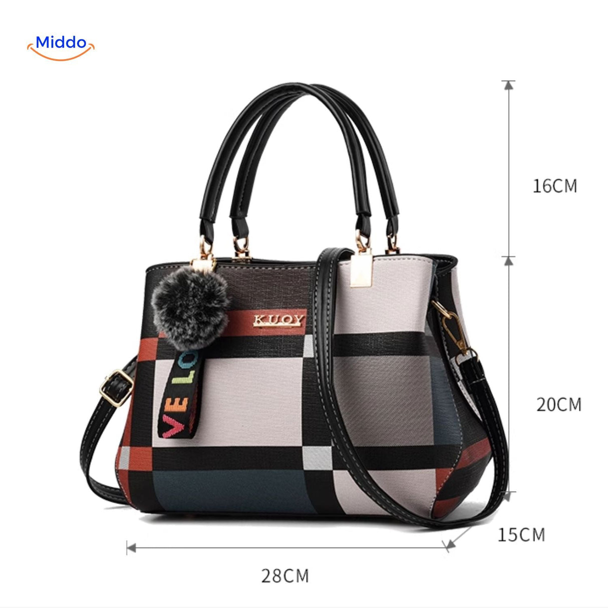 sac à main avec dimensions affichées et pompon coloré, aperçu des mesures