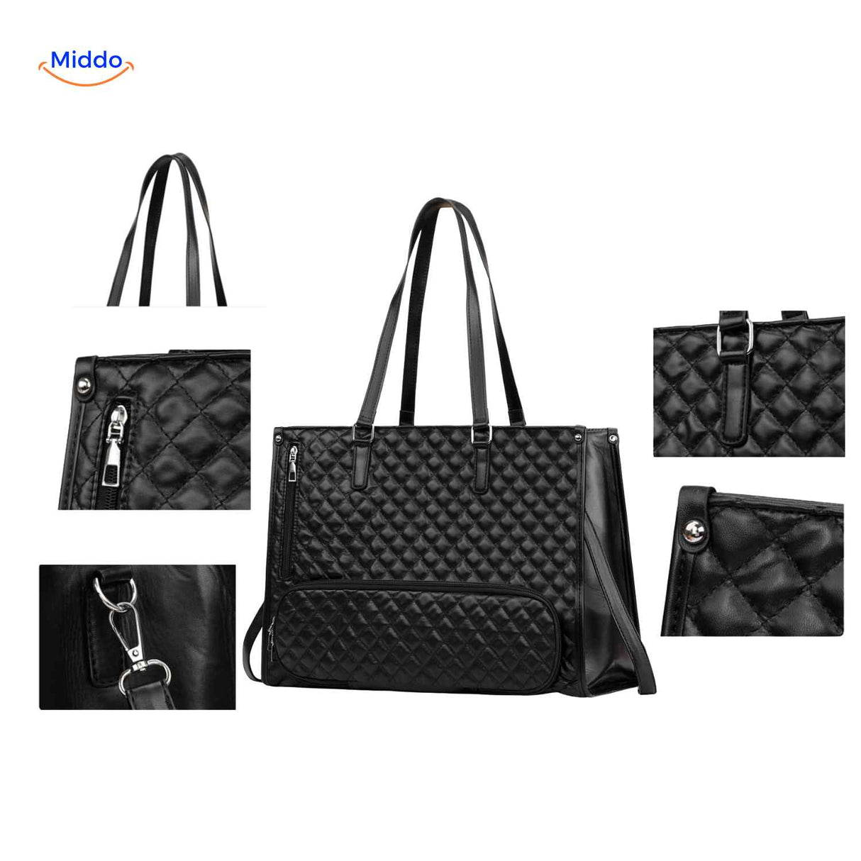 gros plan sur le détail matelassé du sac cabas noir avec accessoires inclus