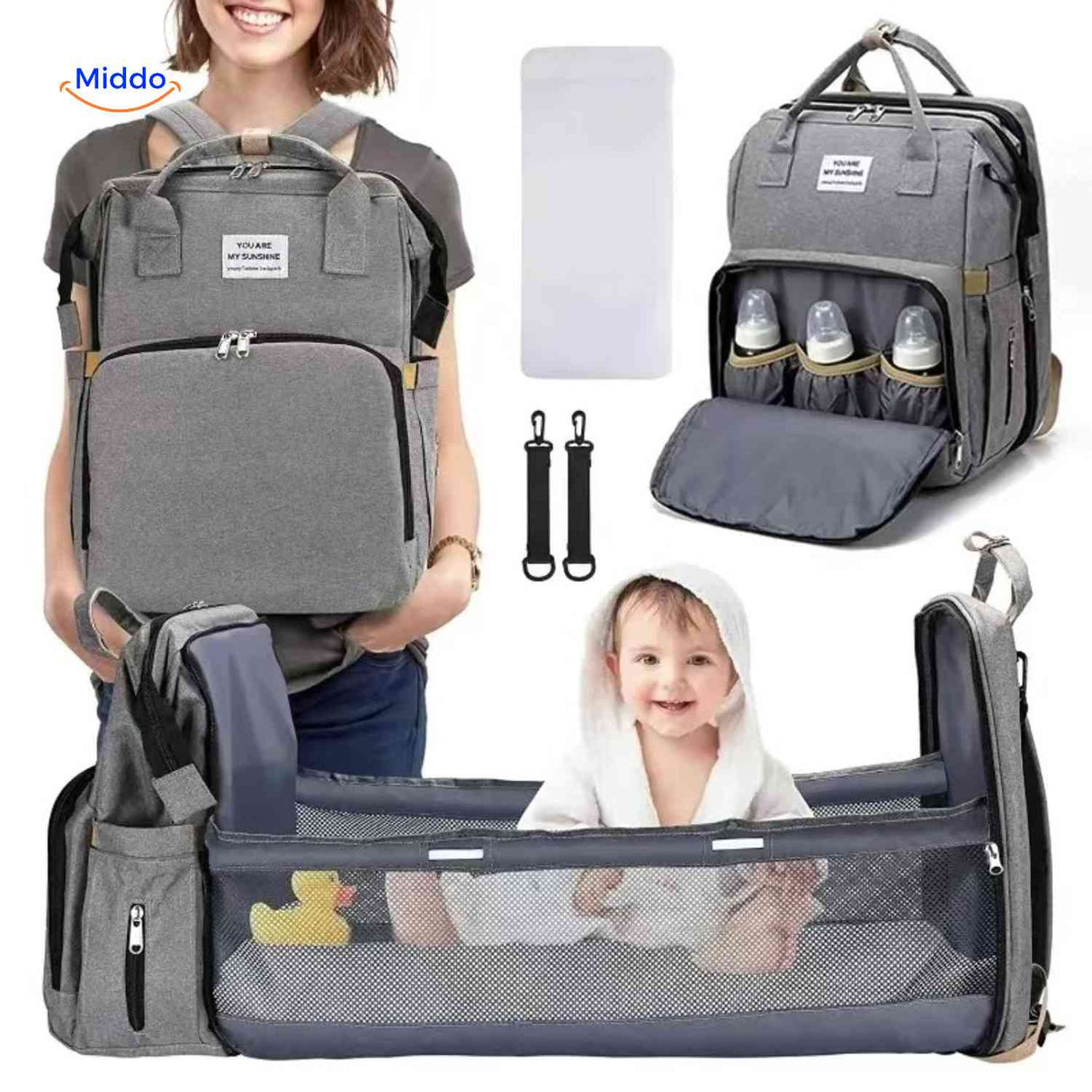 sac à dos bébé gris déployé en lit pliable avec matelas confortable inclus