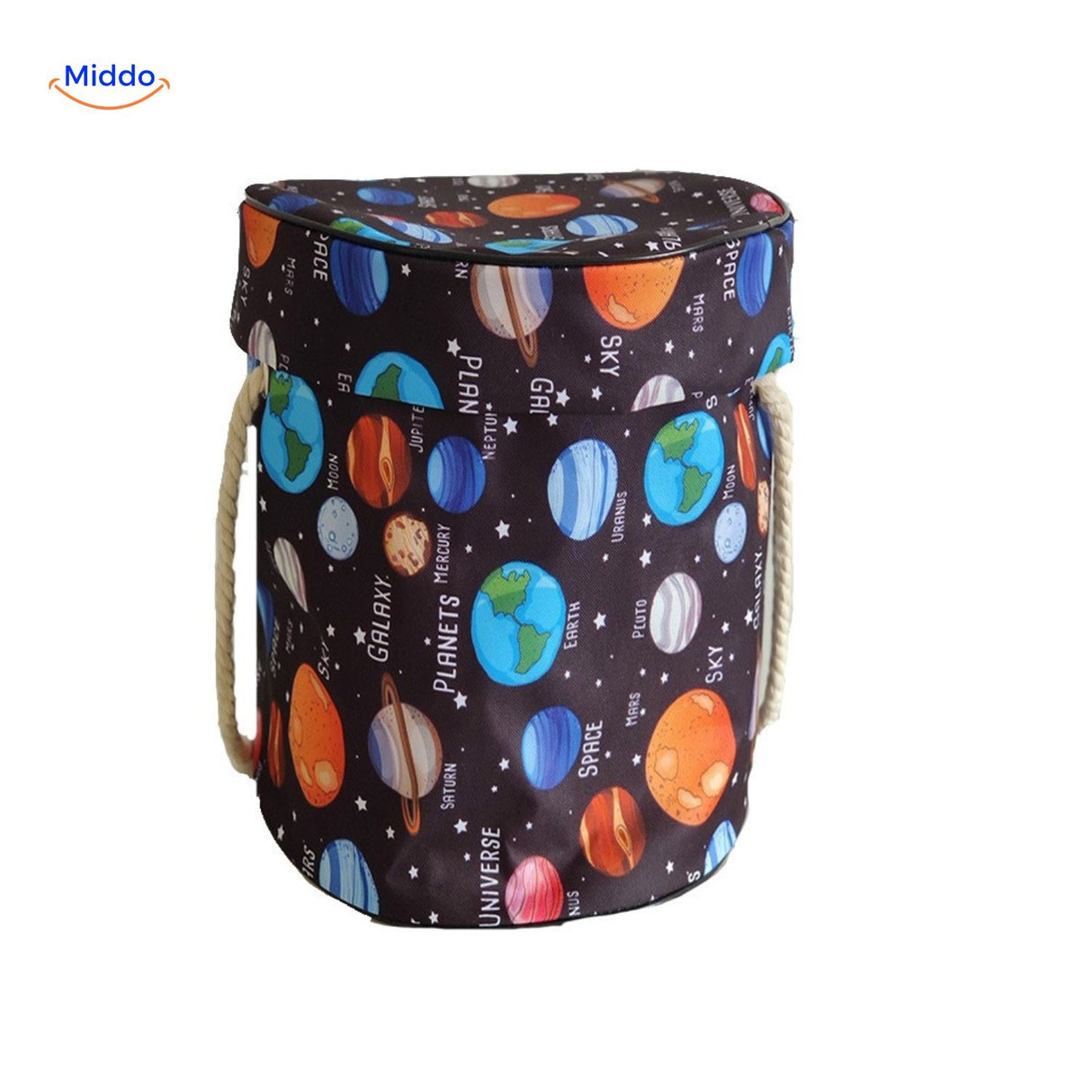 sac zippé rangement jouets avec motif espace et planètes colorées pour enfants