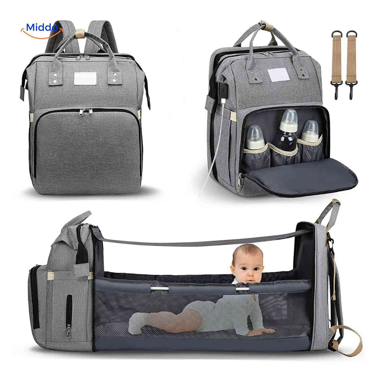 sac à langer multifonction avec poches latérales pour biberons et lit pliable intégré