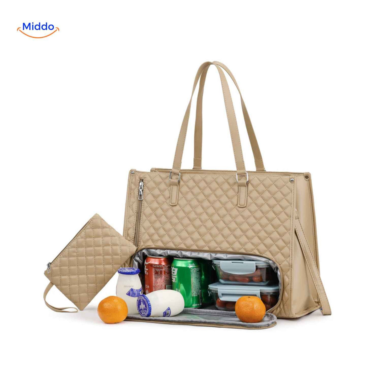 sac lunch beige avec compartiment isotherme et étui accessoire assorti
