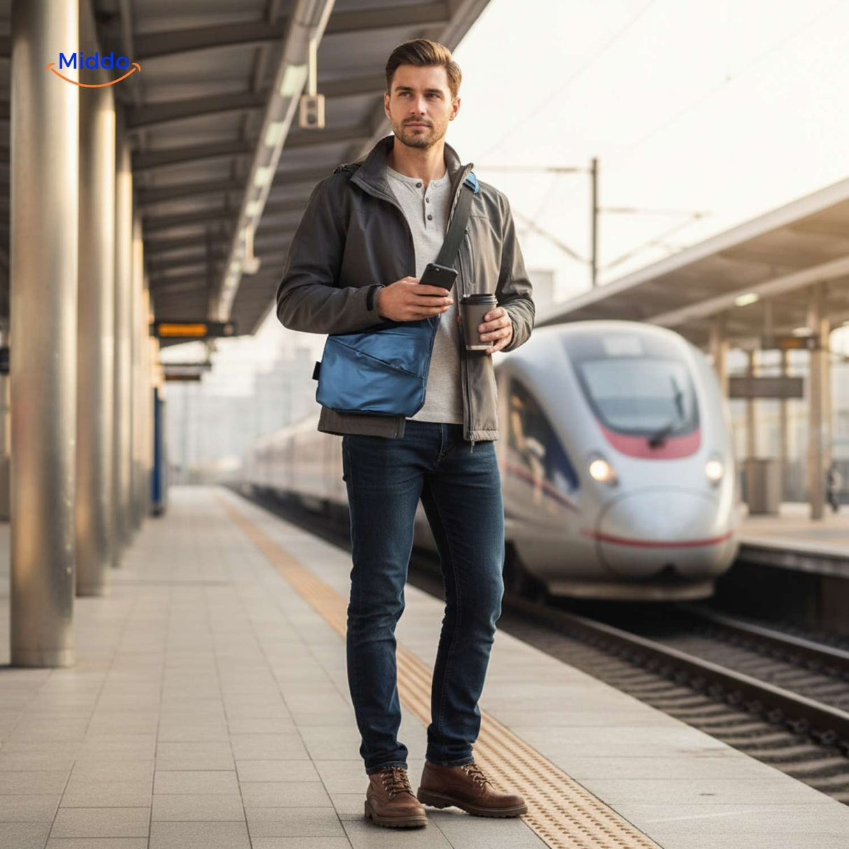 sac de poitrine bleu porté par un voyageur dans une gare ou station