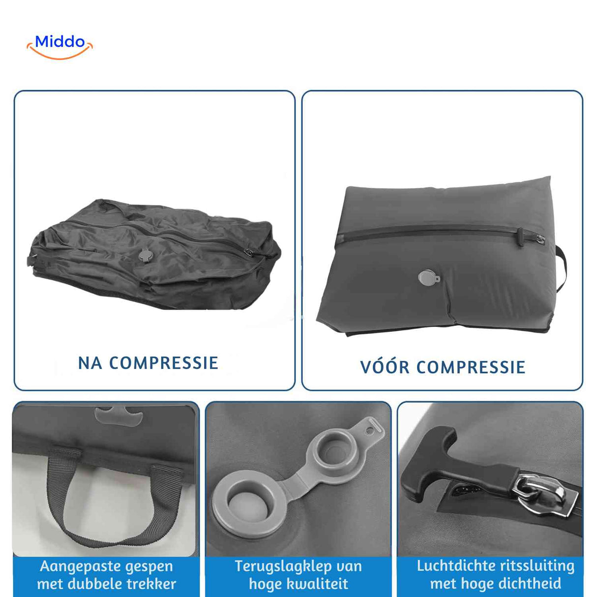 sac vacuum avant et après compression, avec poignée et valve d'évacuation d'air