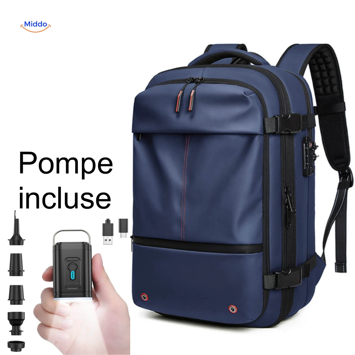 sac de rangement sous vide VacuPro bleu marine avec pompe électrique incluse pour compression facile