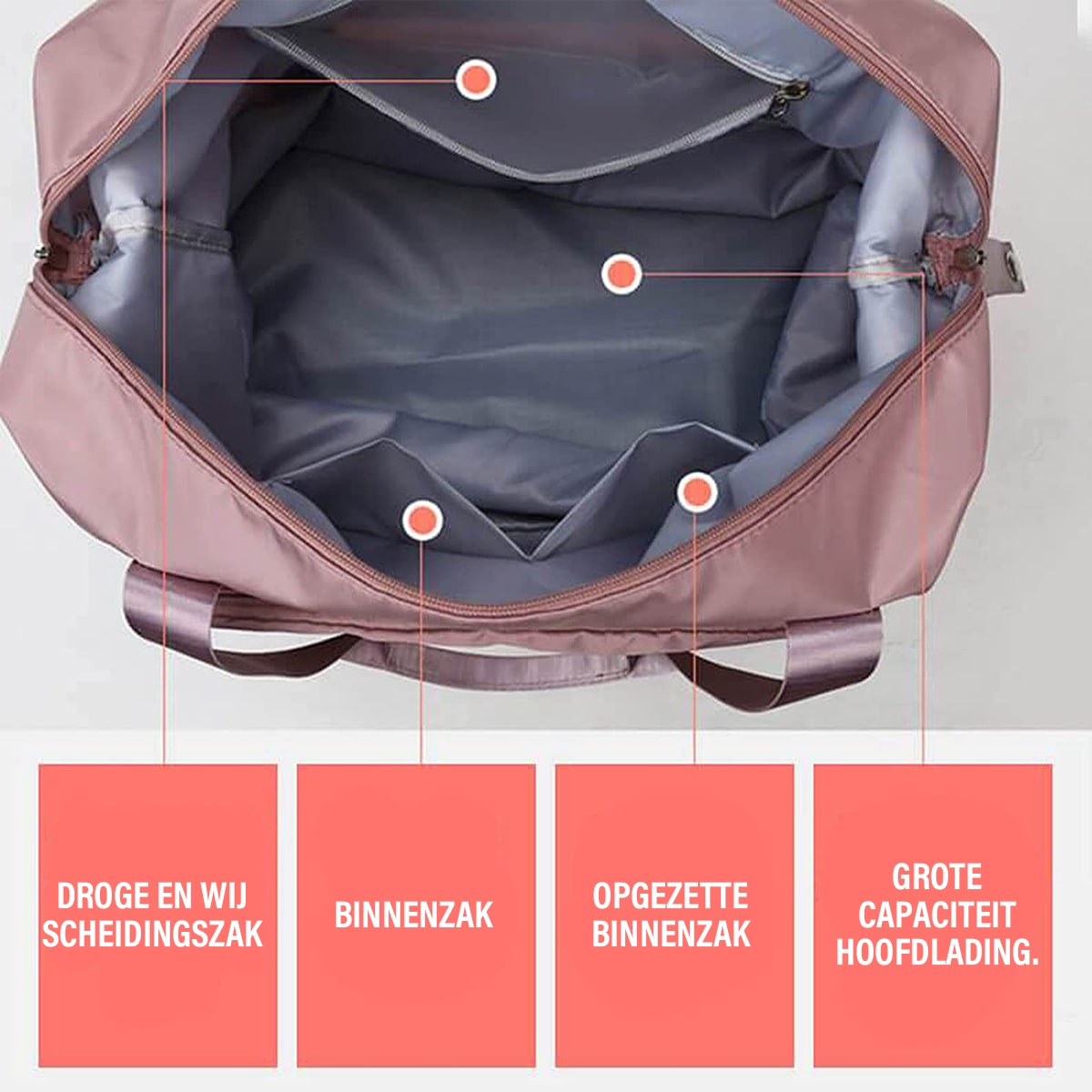 sac de voyage ouvert révélant ses nombreuses poches et compartiments de rangement intérieurs