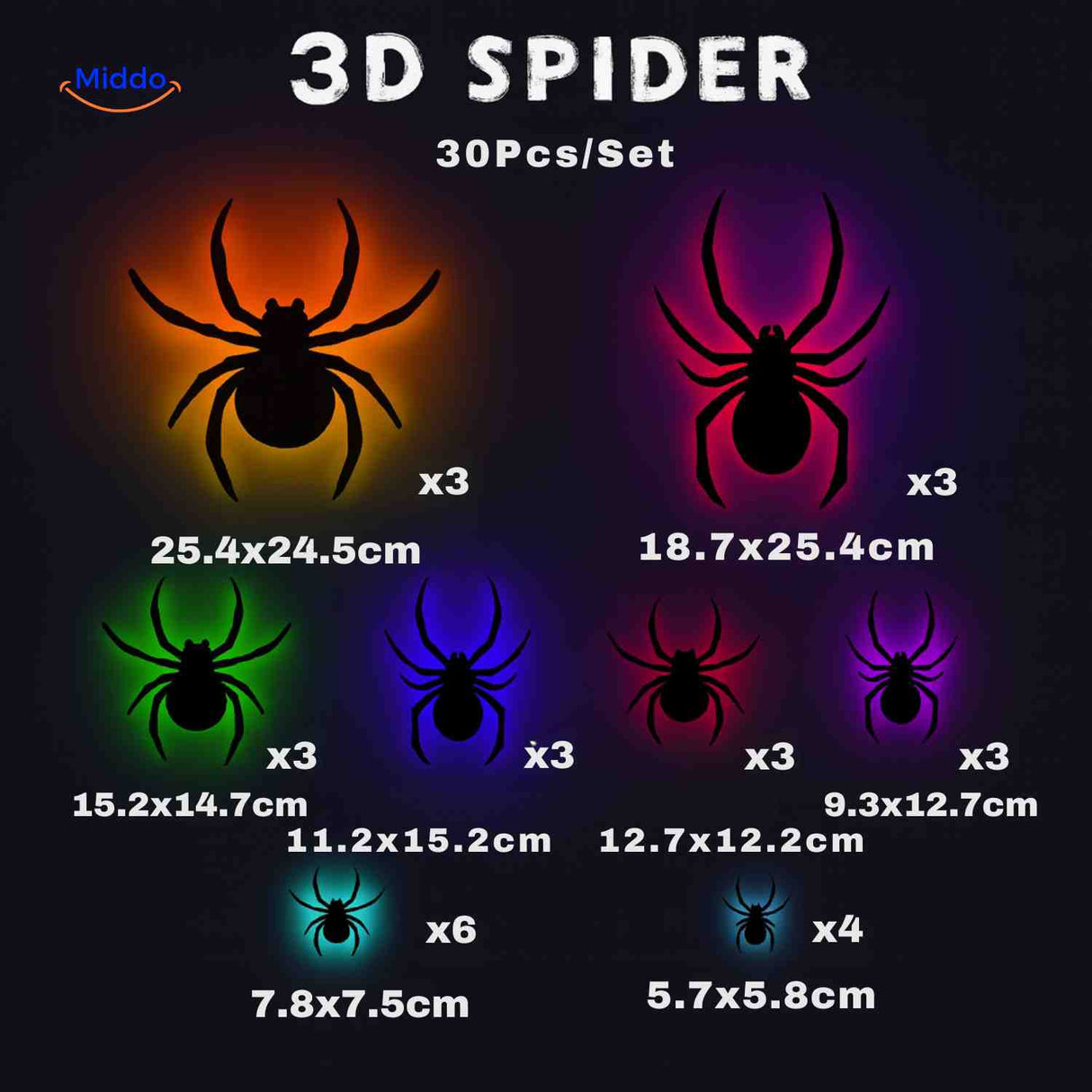 set de 30 araignées 3d led halloween, grande décoration murale lumineuse pour soirée d'horreur