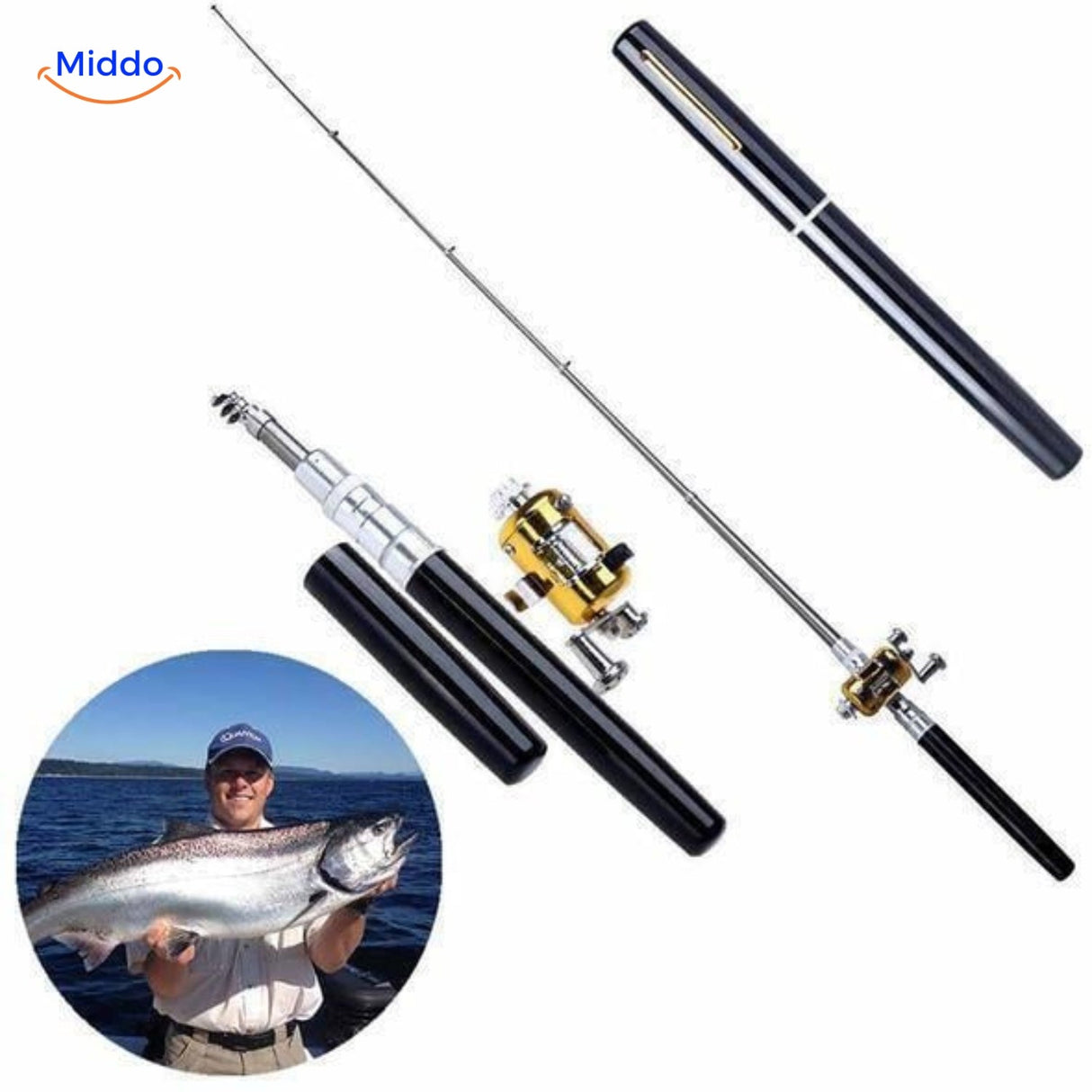 pêcheur tenant un poisson avec le set de canne à pêche compacte noire et ses composants