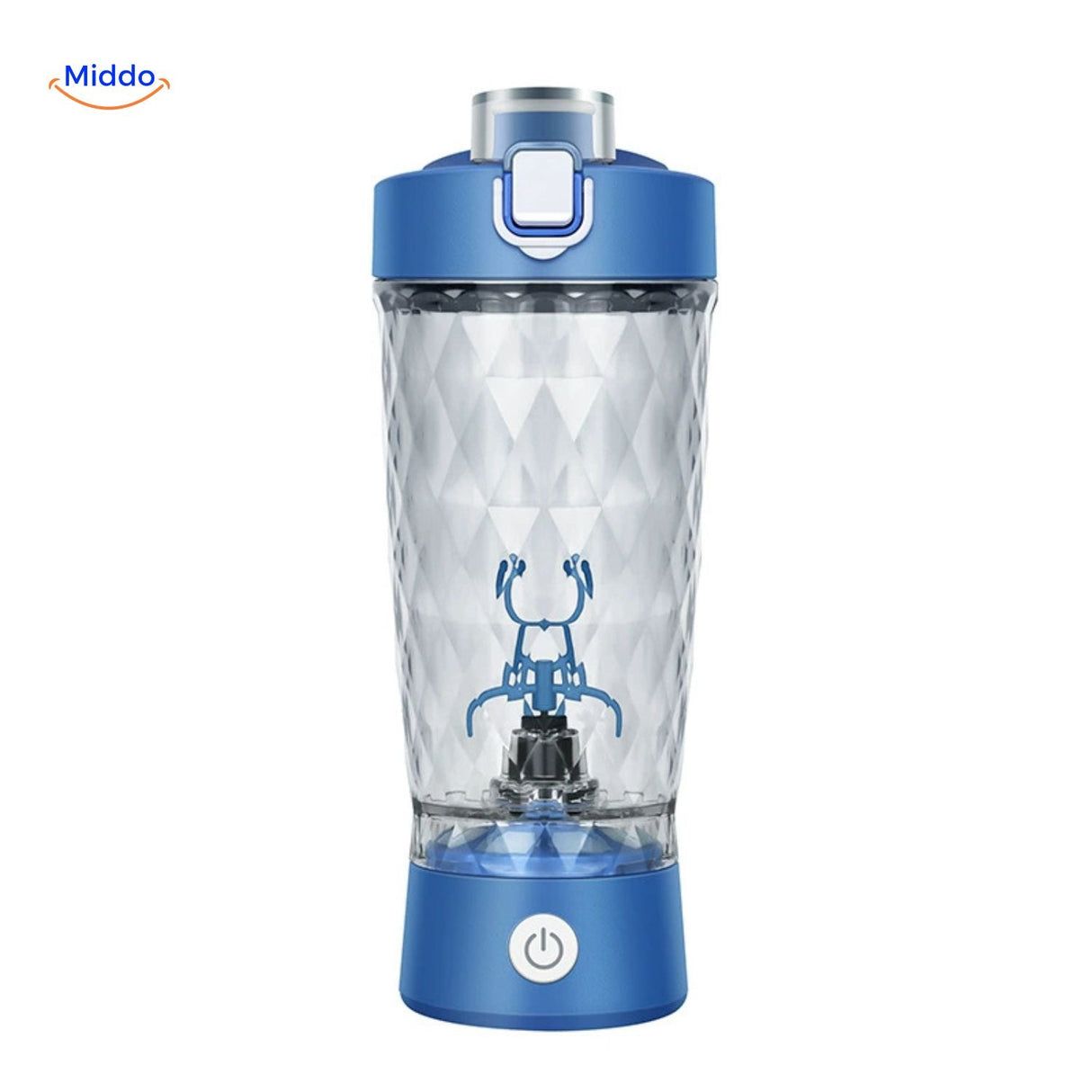 shaker électrique coloris blanc avec mixeur automatique intégré pour boissons sportives