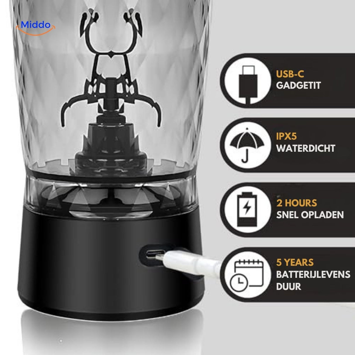 shaker mixeur rechargeable via USB-C pour une charge rapide et une utilisation durable