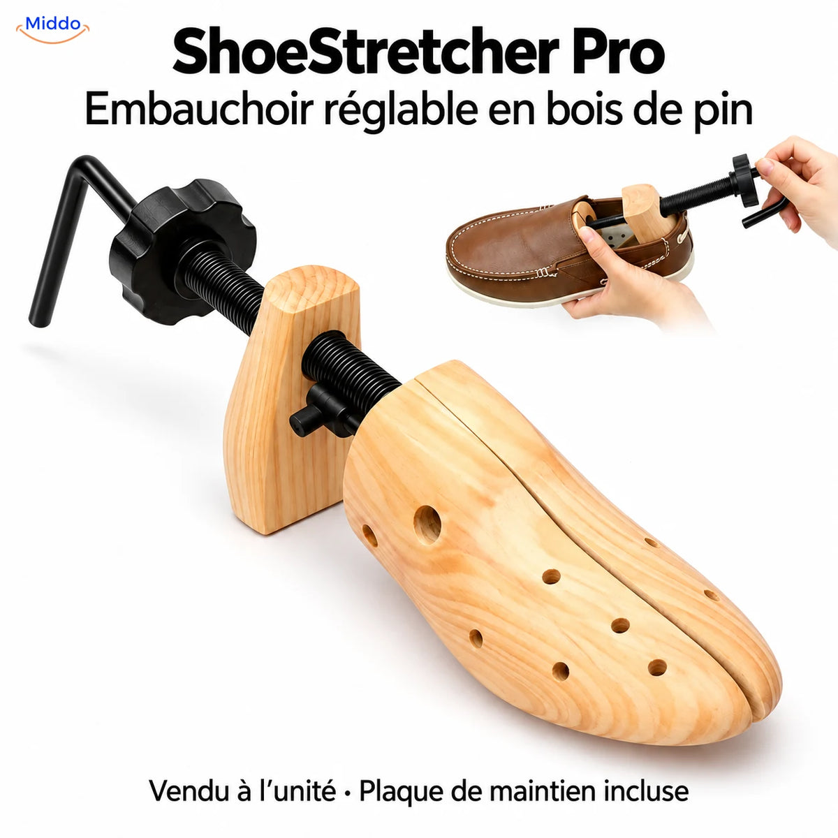 Embauchoir ShoeStretcher Pro en bois de pin, vendu à l’unité avec plaque de maintien.