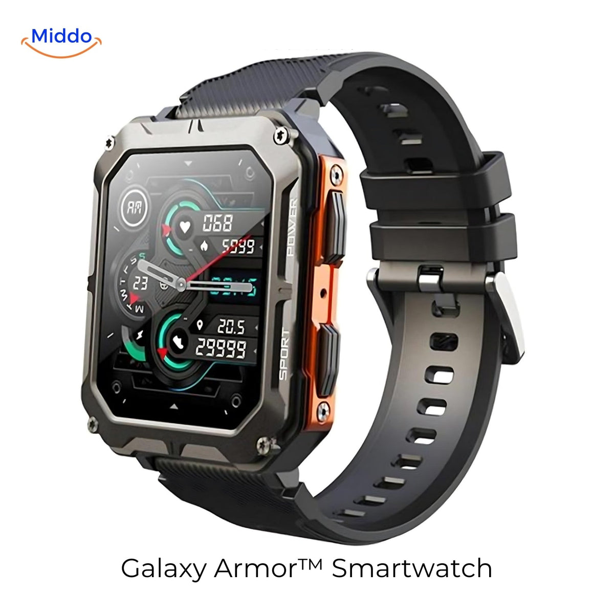 montre connectée robuste galaxy armor coloris orange et noir, compatible iOS et Android