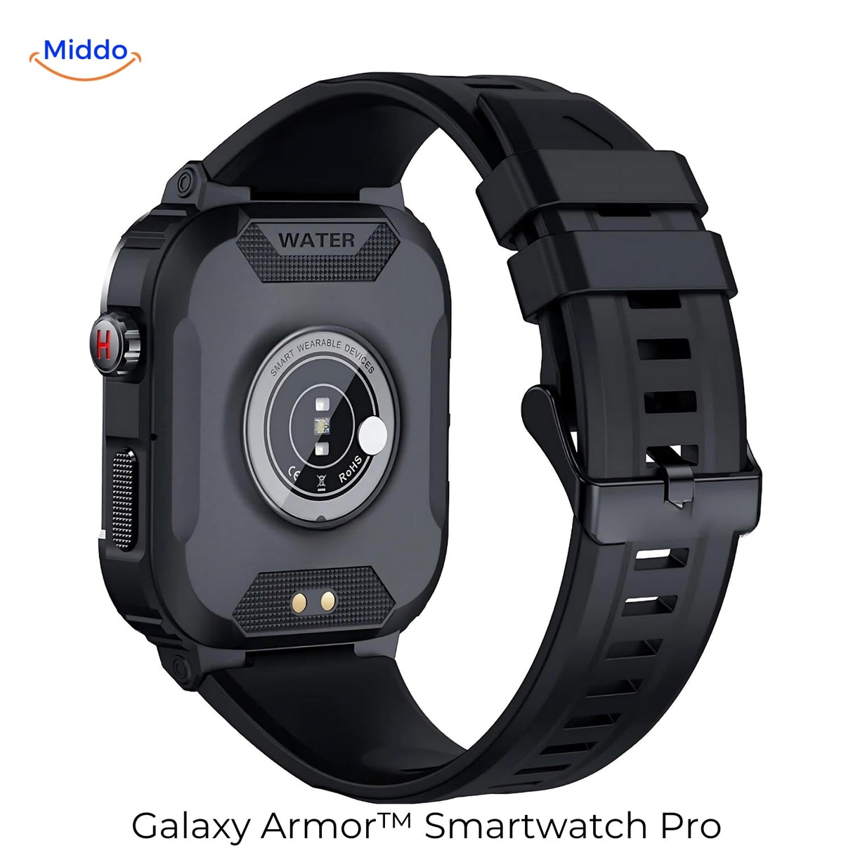 vue arrière de la montre connectée galaxy armor pro noire, capteurs et dos de boîtier visibles