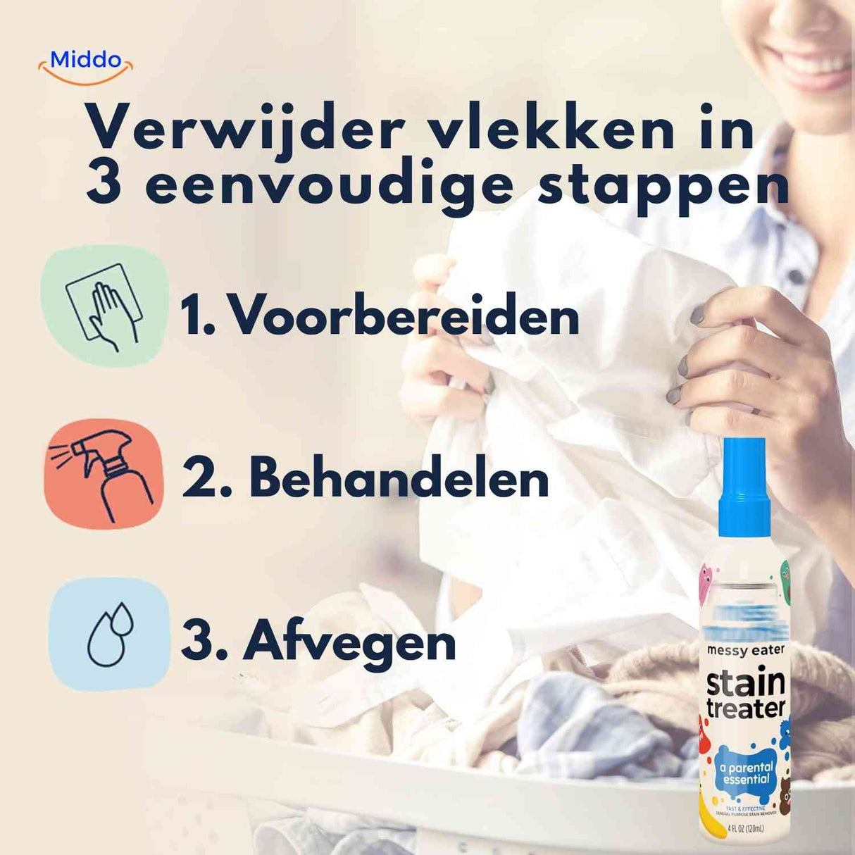 infographie montrant comment éliminer les taches en 3 étapes simples avec le spray détachant