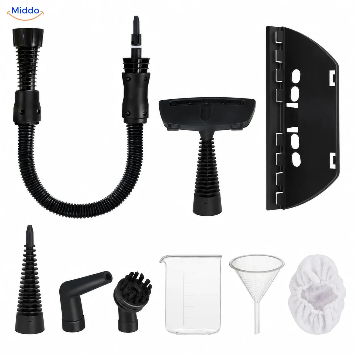 Accessoires Steamora avec flexible, brosses, accessoire pour vitres et entonnoir