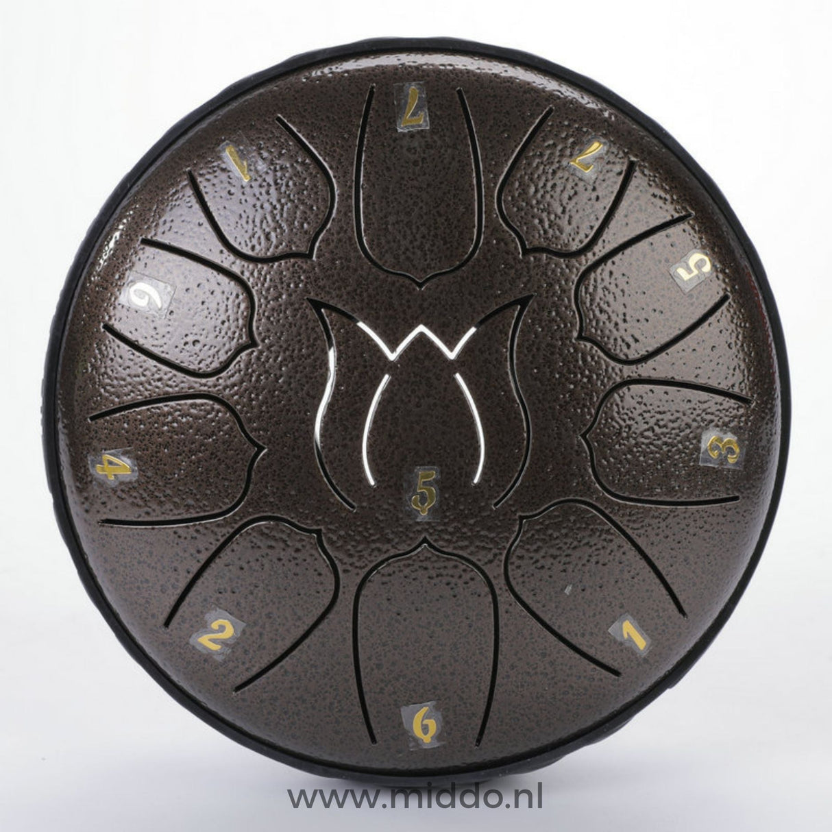 steel tongue drum bronze 15 cm avec notes chiffrées sur fond blanc