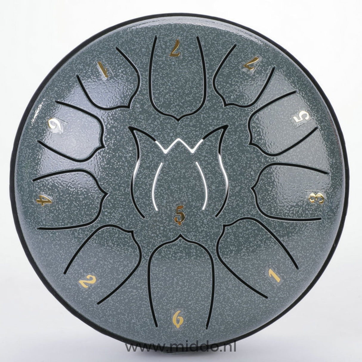 steel tongue drum jade 15 cm avec notes chiffrées sur fond blanc