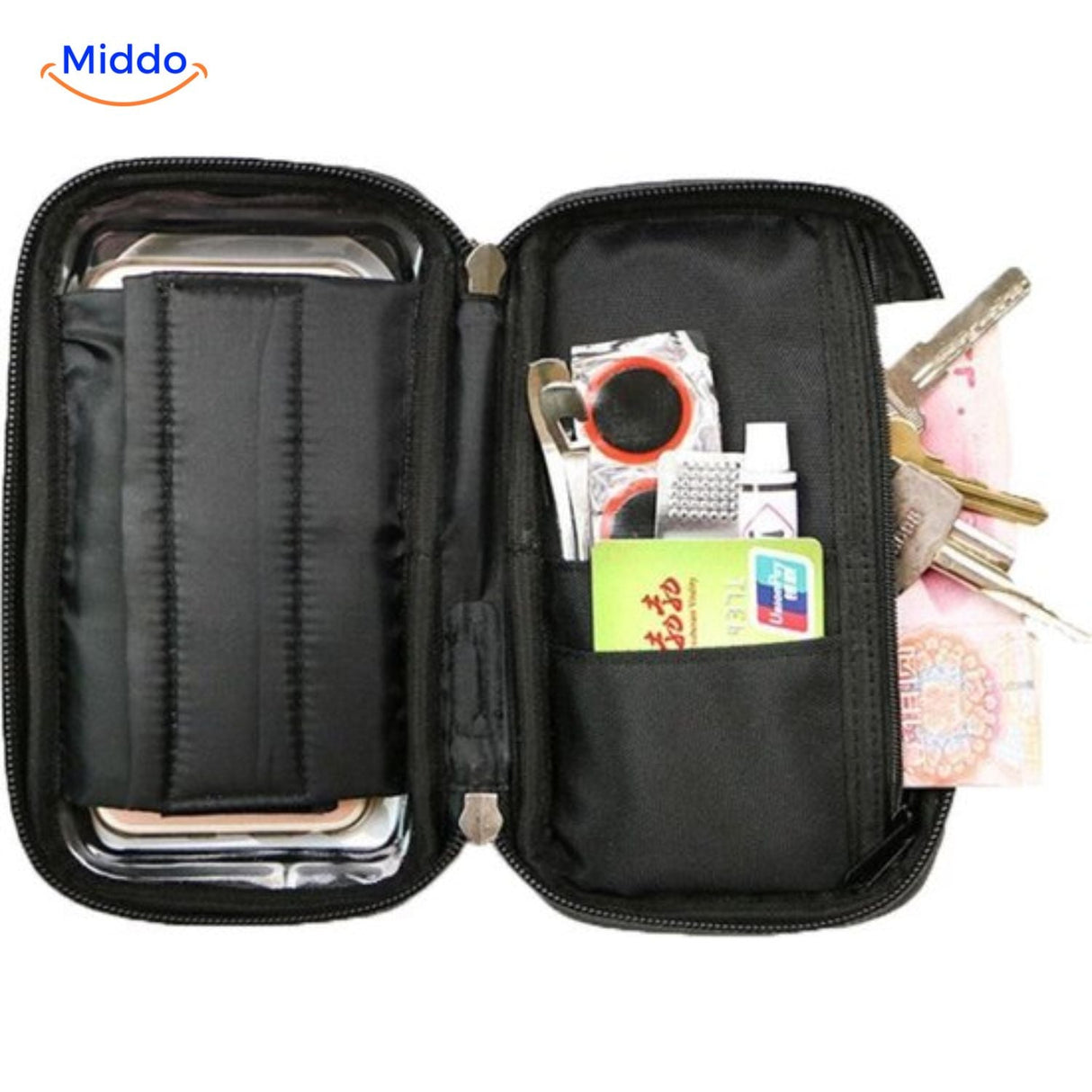 support téléphone moto avec compartiment de rangement intégré ouvert
