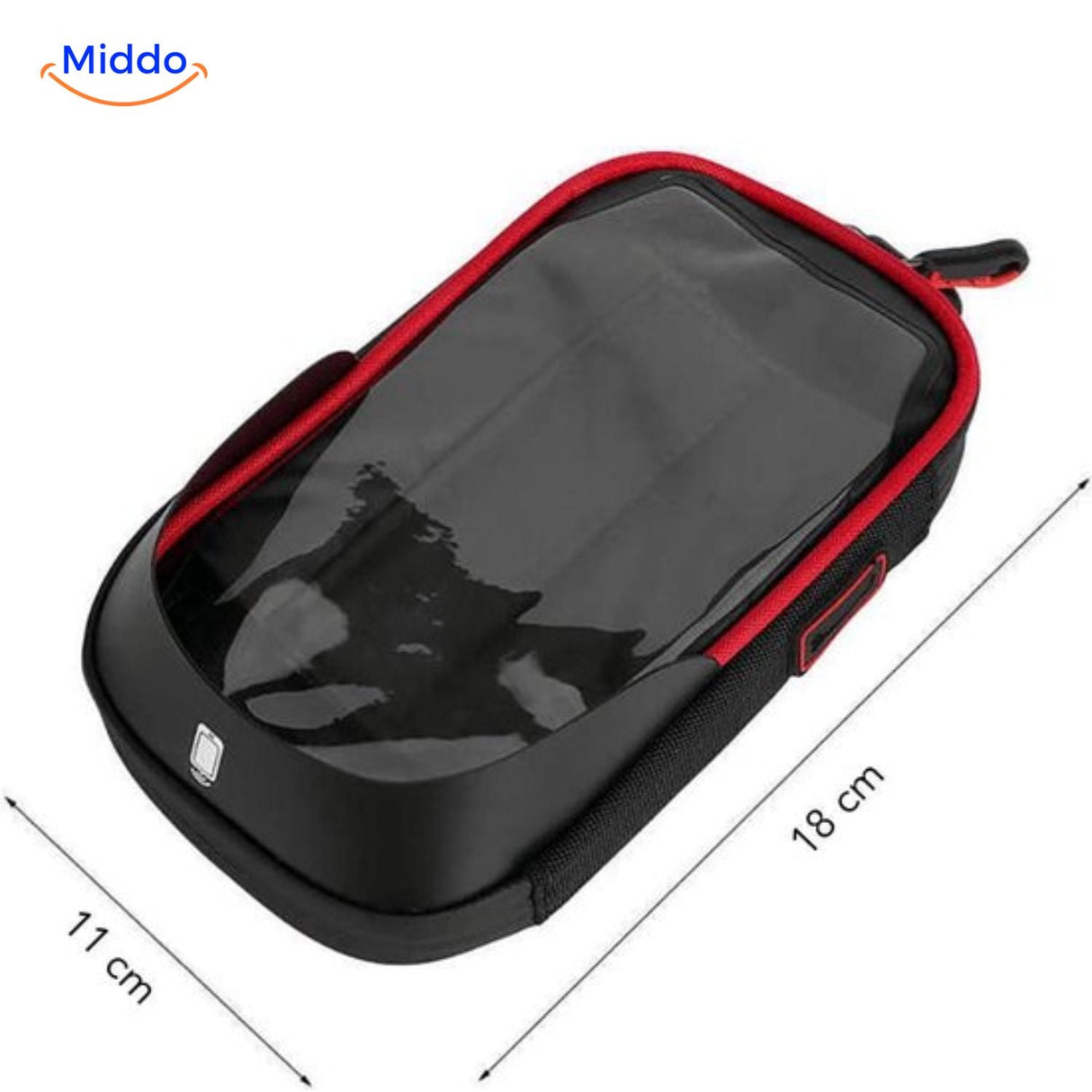 support téléphone moto finition rouge avec dimensions détaillées indiquées
