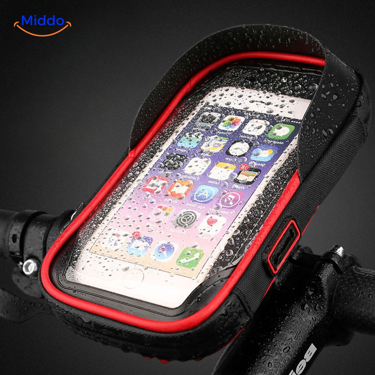 support téléphone moto finition rouge avec protection étanche contre la pluie