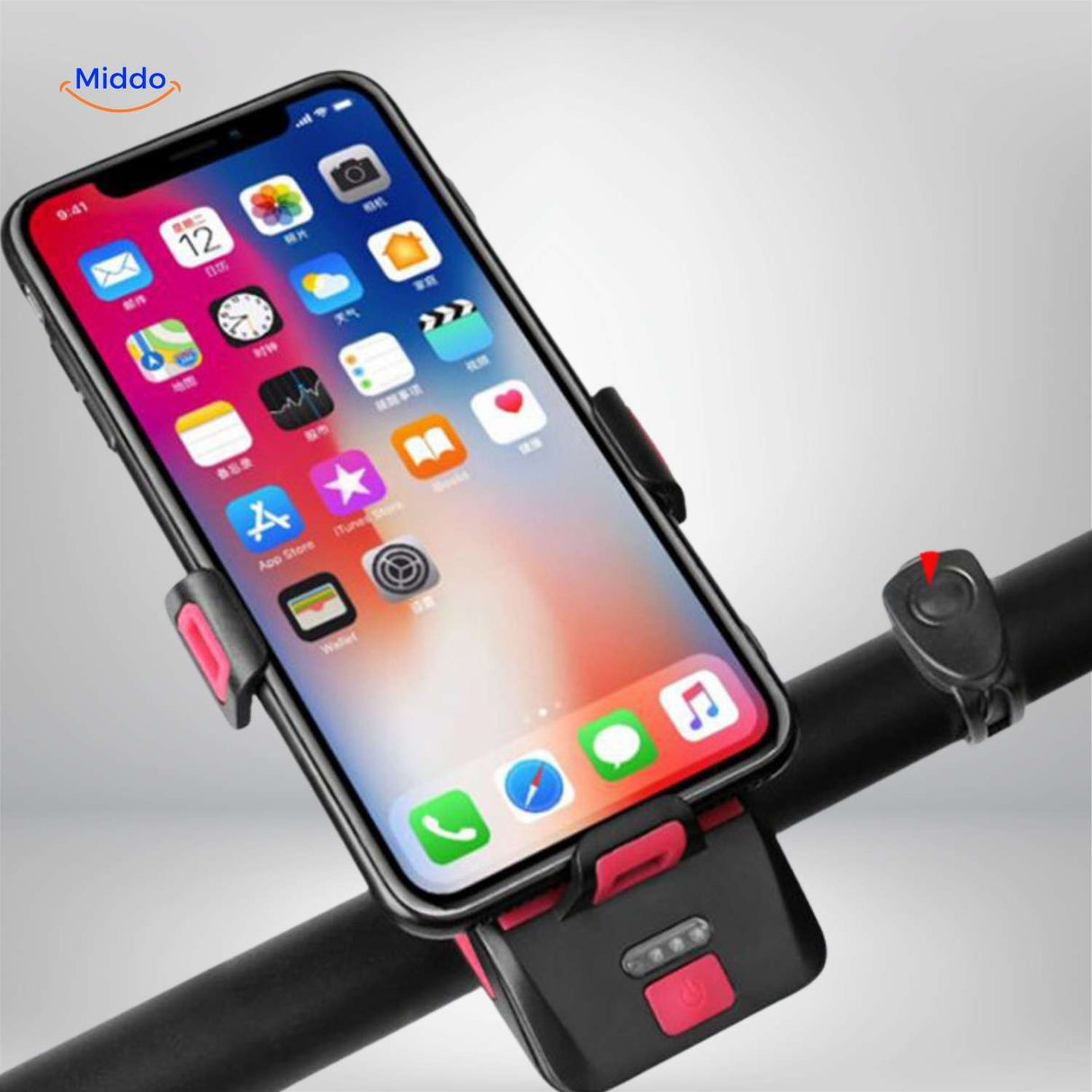 gadget vélo support téléphone powerbank klaxon en coloris avec accent bleu