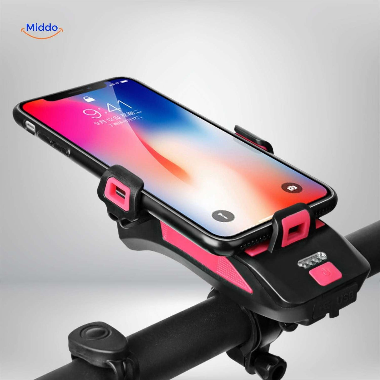 gros plan du support smartphone pour guidon de vélo, fixation sécurisée