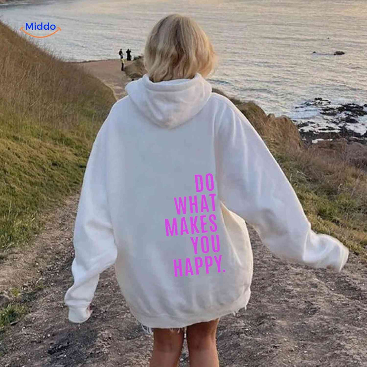 sweat à capuche oversize blanc avec inscription do what makes you happy en rose
