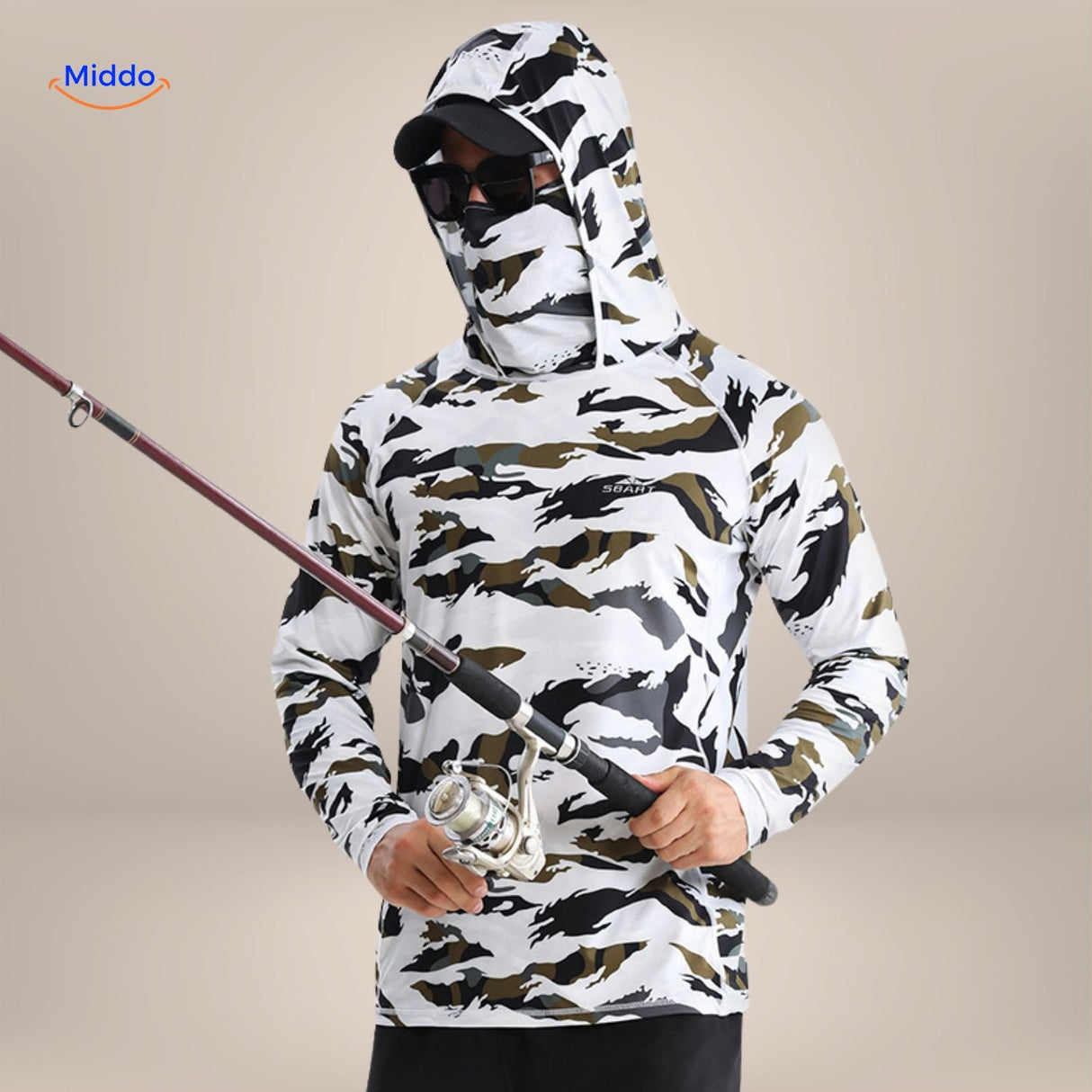 t-shirt anti-uv camouflage désert avec masque facial intégré et casquette assortie