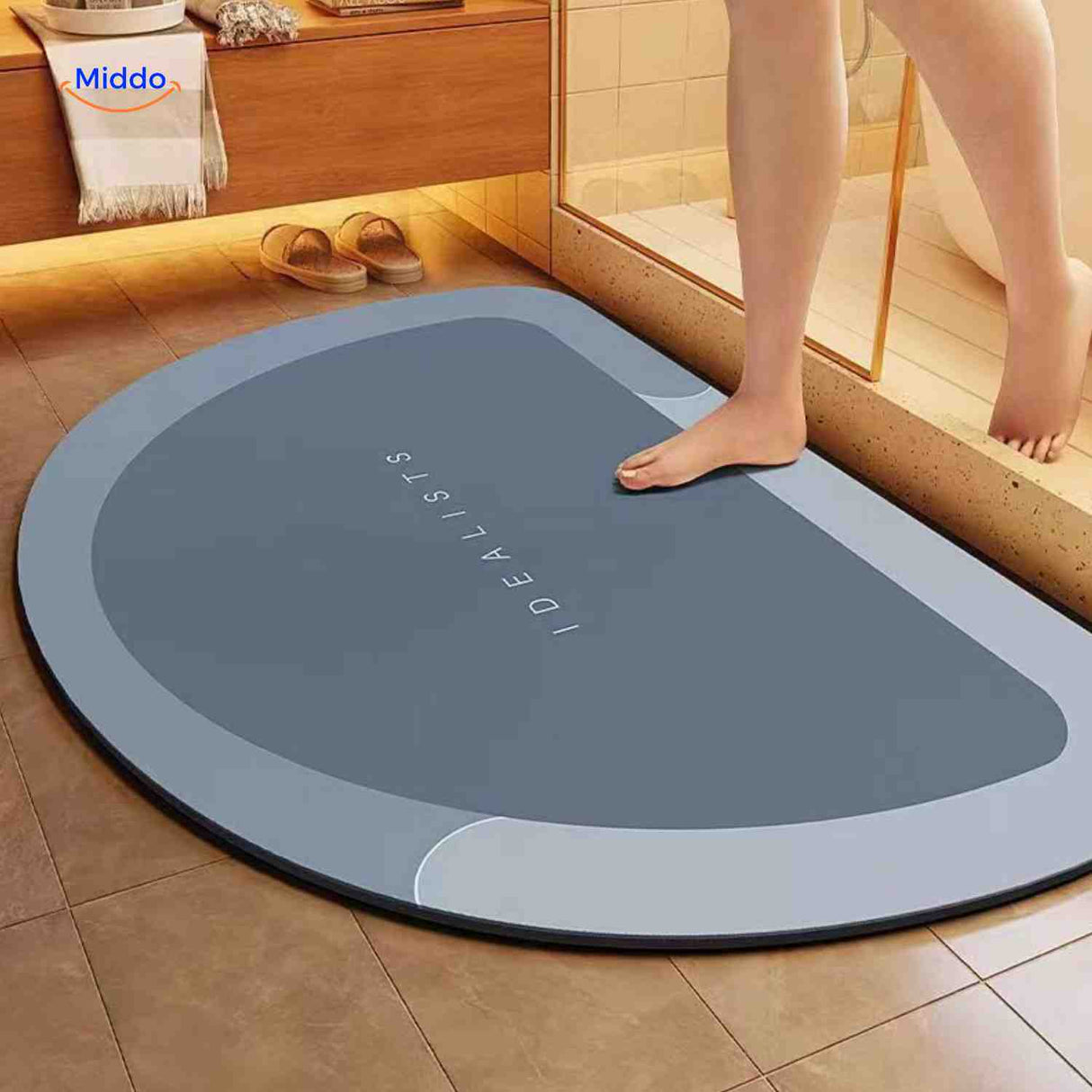tapis de bain demi-rond bleu-gris, accessoire salle de bain antidérapant