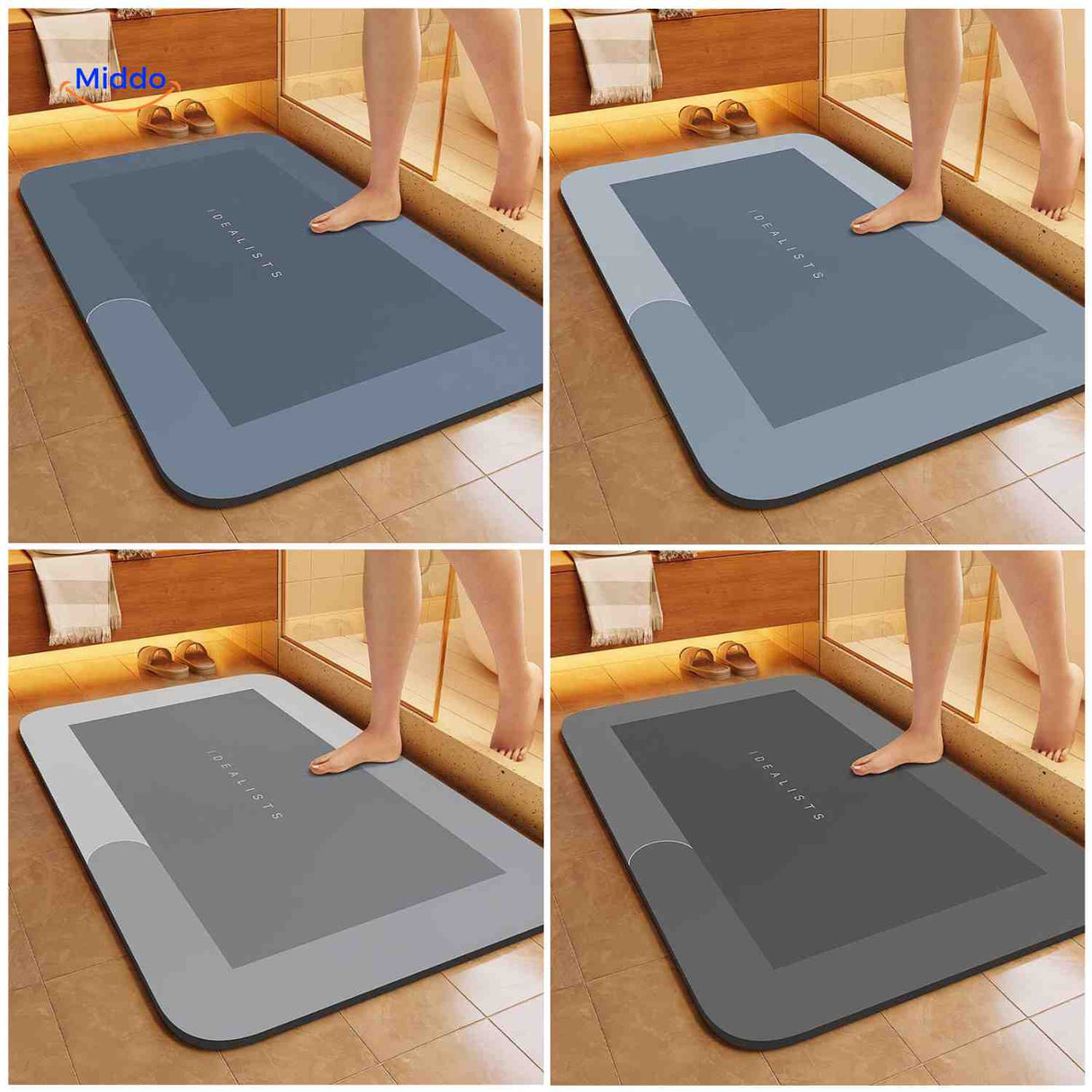 tapis de bain disponibles en quatre coloris et formes rectangulaire, ovale et demi-rond