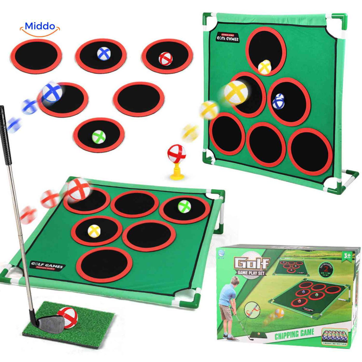 set de chipping golf avec multiples cibles de couleurs différentes sur le tapis