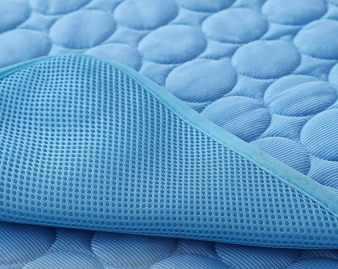 gros plan sur le tapis rafraîchissant coloris bleu en version épaisse pour animaux