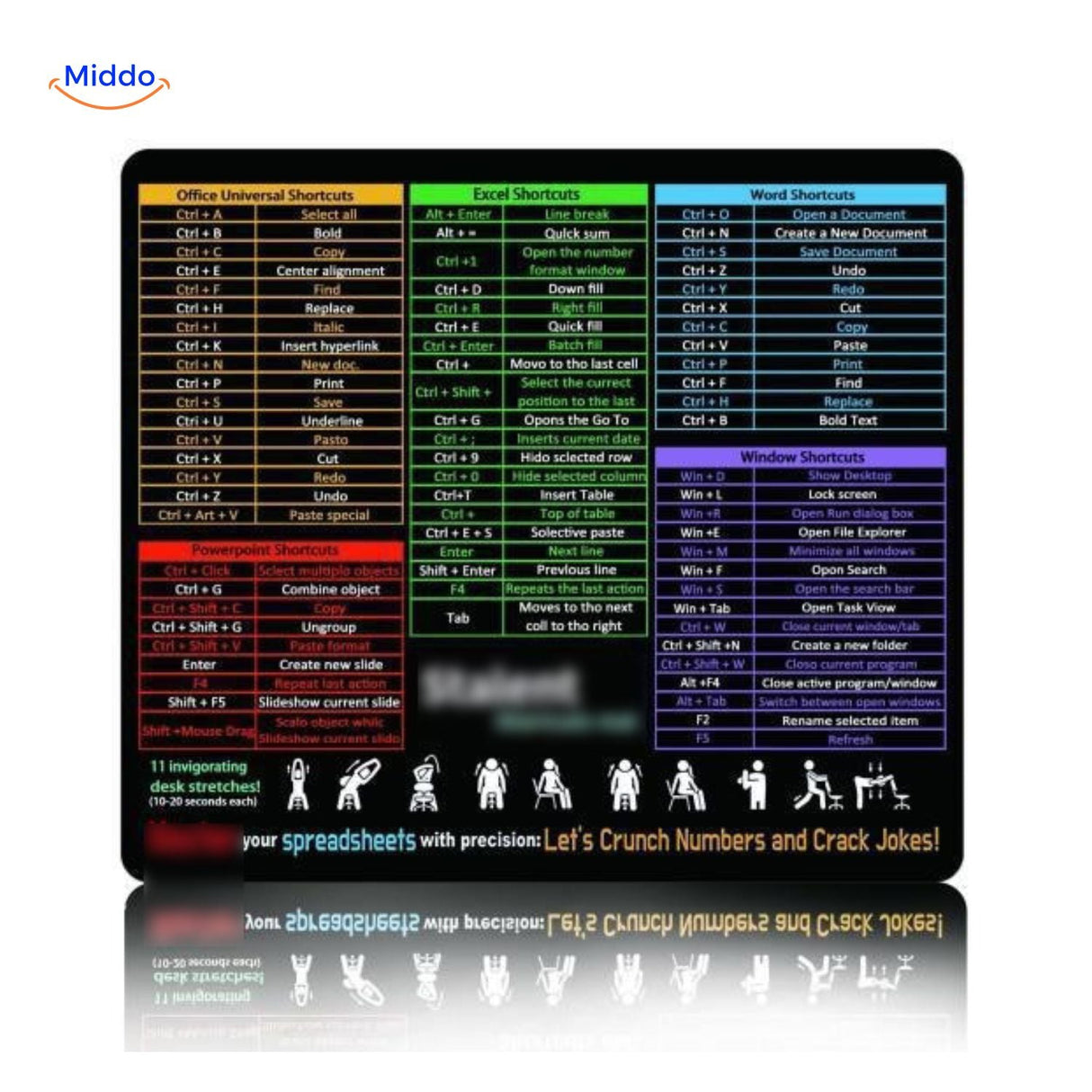 tapis de souris office avec raccourcis word et excel sur poste de travail informatique