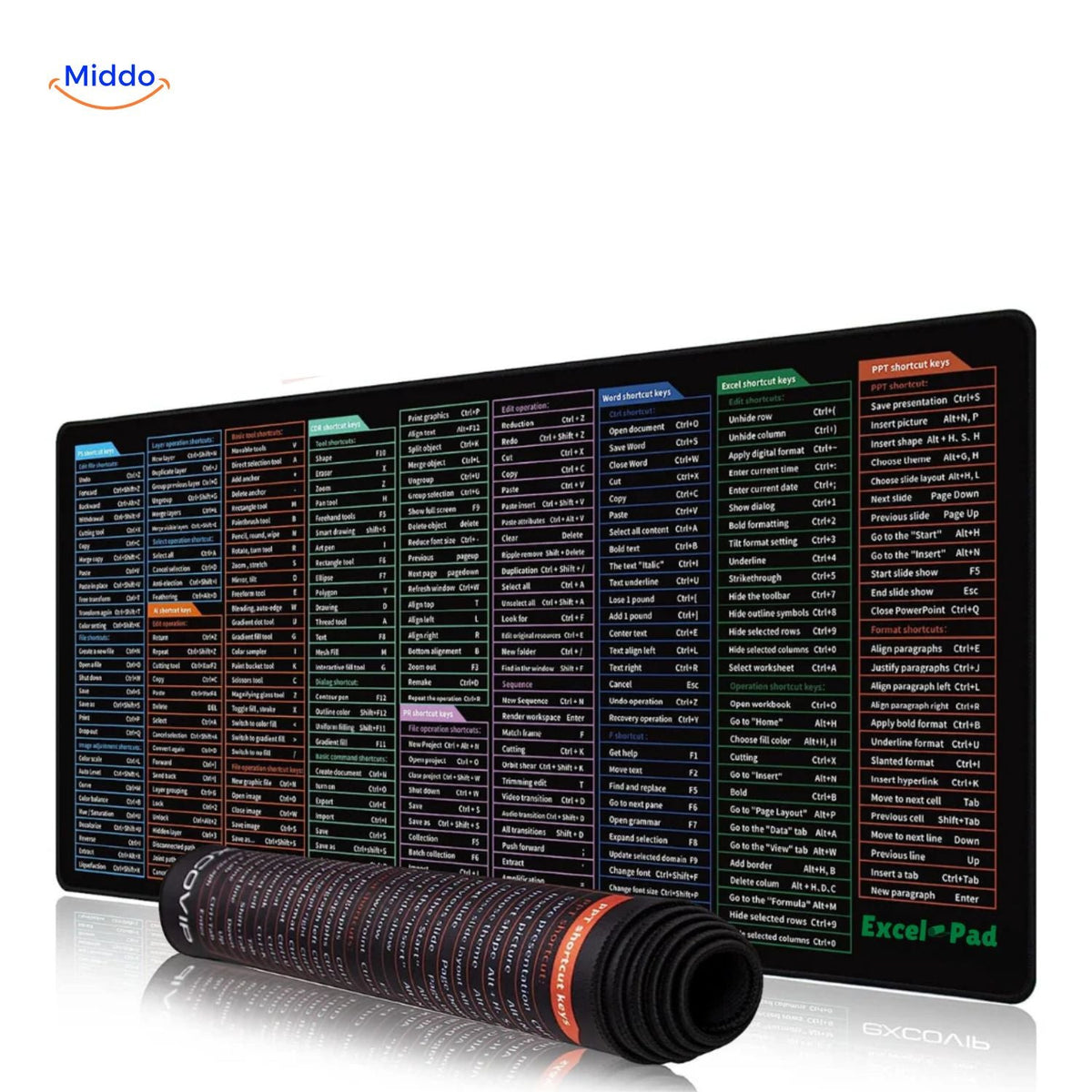 tapis de souris multifonction avec raccourcis clavier excel, word et photoshop, grand format pour le bureau
